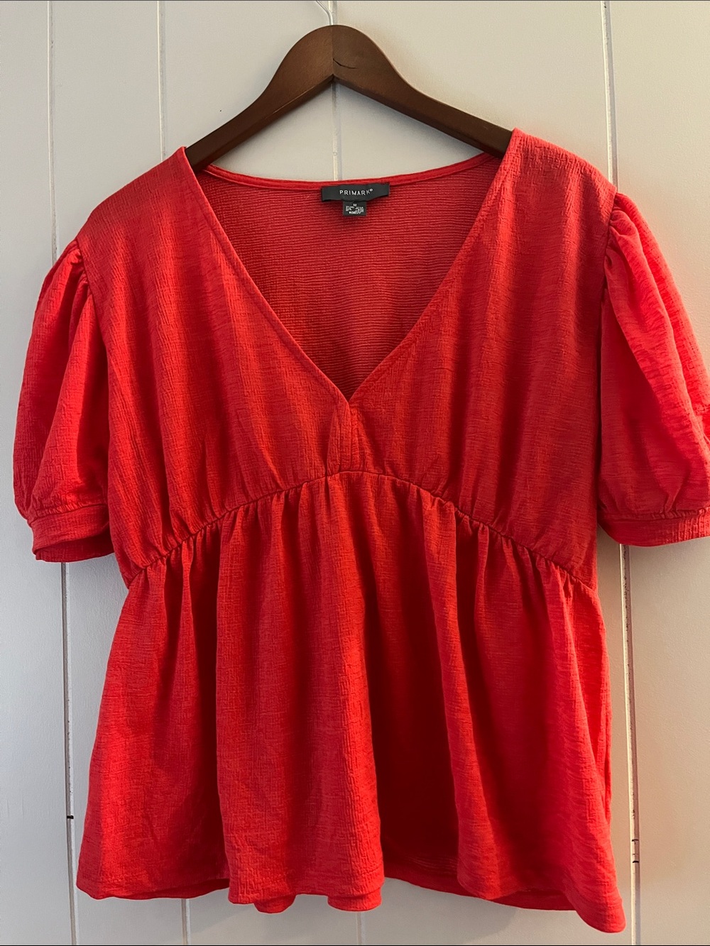 Primary Red V-Neck Peplum Top with Puff Sleeves